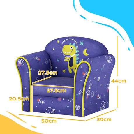 AIYAPLAY Kids Armchair with Planet Dinosaurs Design, Wooden Frame, for Bedroom, Playroom, Kids Room, Blue