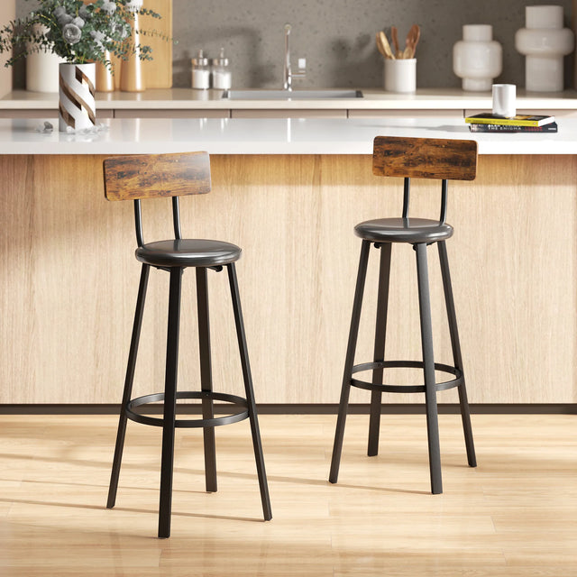 HOMCOM Upholstered Bar Stools Set of 2 with Backrest and Footrest - Rustic Brown and Black