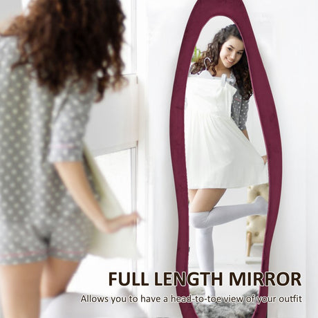 HOMCOM Wavy Velvet-Feel Full Length Mirror - Wine Red