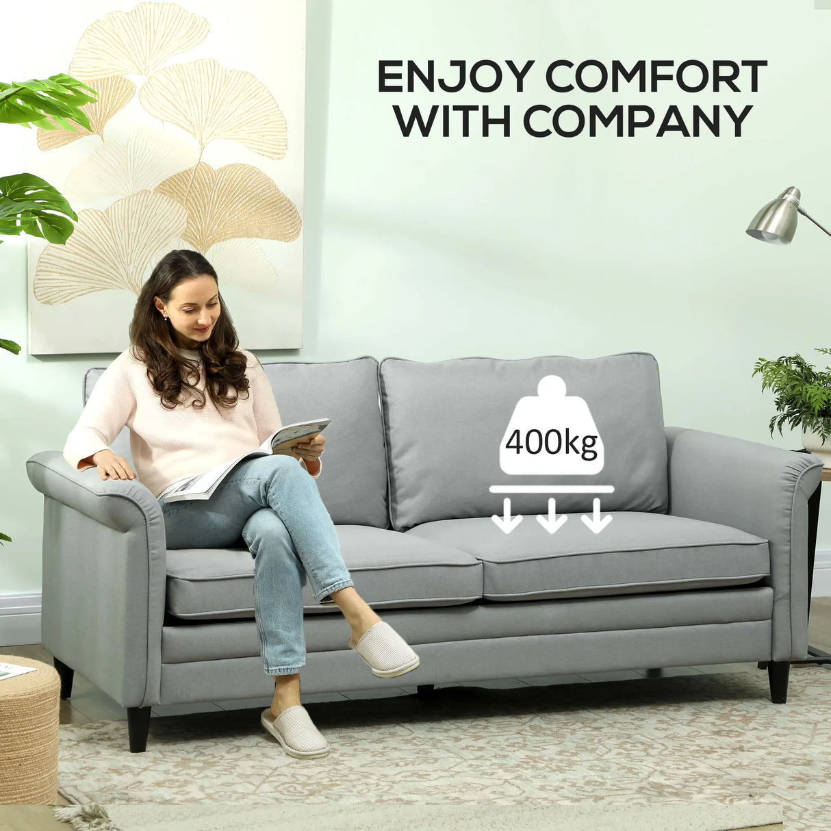 HOMCOM 3 Seater Sofa, Modern Fabric Sofa Couch with Spring Cushion, Rubber Wood Legs, 191cm Upholstered Settee for Living Room, Bedroom, Home Office, Guest Room, Grey