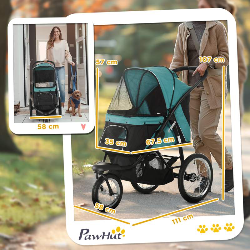 PawHut Foldable Pet Stroller Jogger, with Three Wheels, Canopy, for Medium and Small Dogs, Green