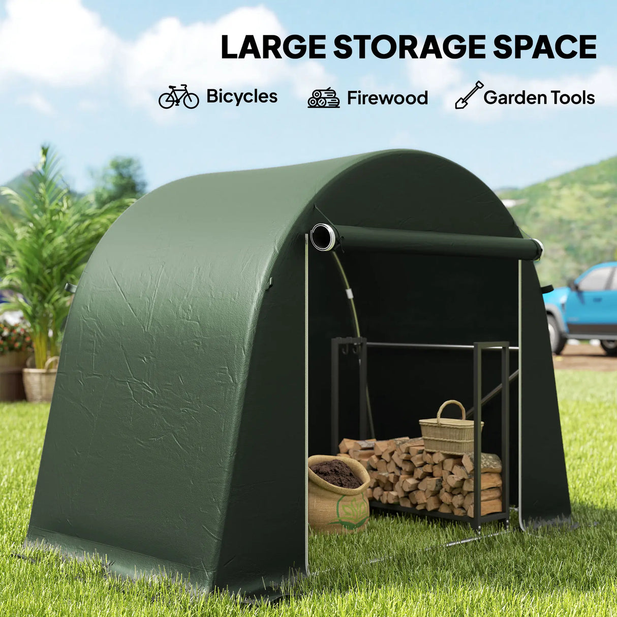 Outsunny 8 x 4 ft Garden Storage Tent, Waterproof Bike Tent with Roll-up Zipper Door and Galvanised Metal Frame, Green