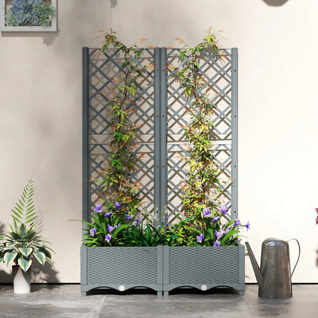 Outsunny Raised Garden Bed with Trellis, Plastic Planter Box with Drainage Holes, Drain Plugs and Water Reservoirs for Climbing Plants, Vegetables, Flowers, Grey