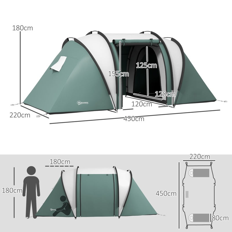 Outsunny Camping Tent with 2 Bedrooms and Living Area, 3000mm Waterproof Family Tent, for Fishing Hiking Festival, Dark Green