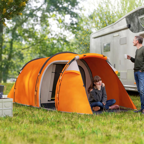 Outsunny 2-3 Man Tunnel Tents w/ Vestibule Camping Tent Porch Air Vents Weather-Resistant Shelter, Orange