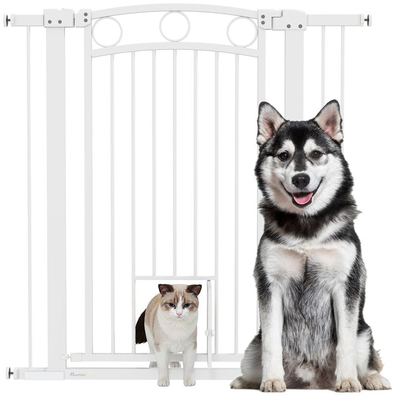 PawHut 106cm Tall Dog Gate with Cat Door, 7cm and 14cm Extensions, for Stairs, Doorways, 76-104cm Width