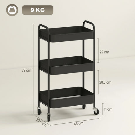 HOMCOM Three-Tier Steel Storage Trolley - Black