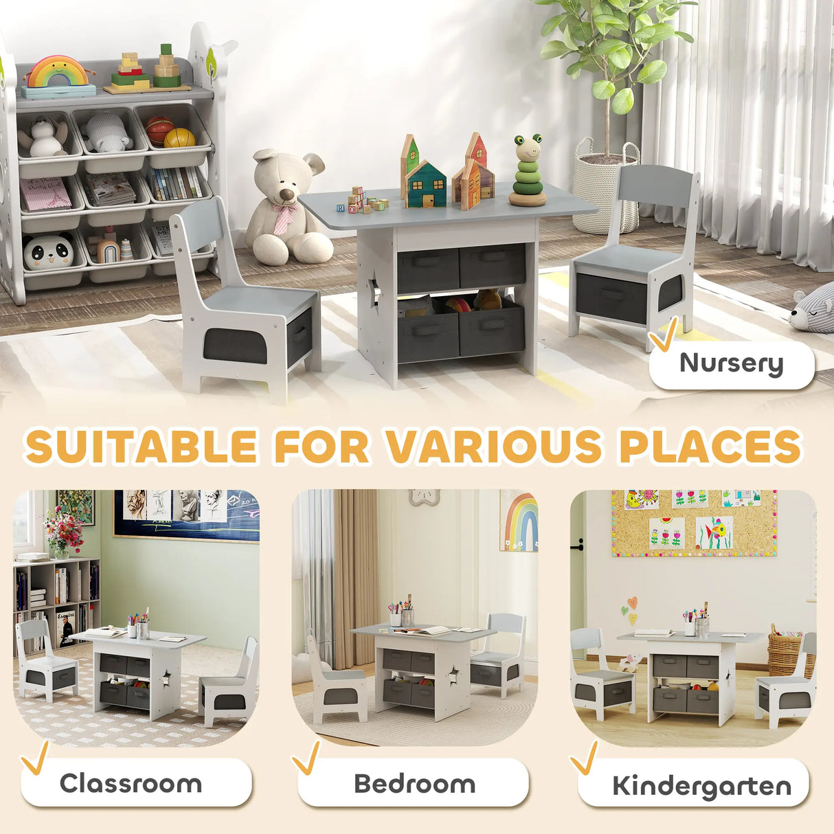 AIYAPLAY Kids Table and Chair Set, Toddler Table and 2 Chairs Set with 6 Removable Drawers, for Boys Girls Ages 3-8, Light Grey