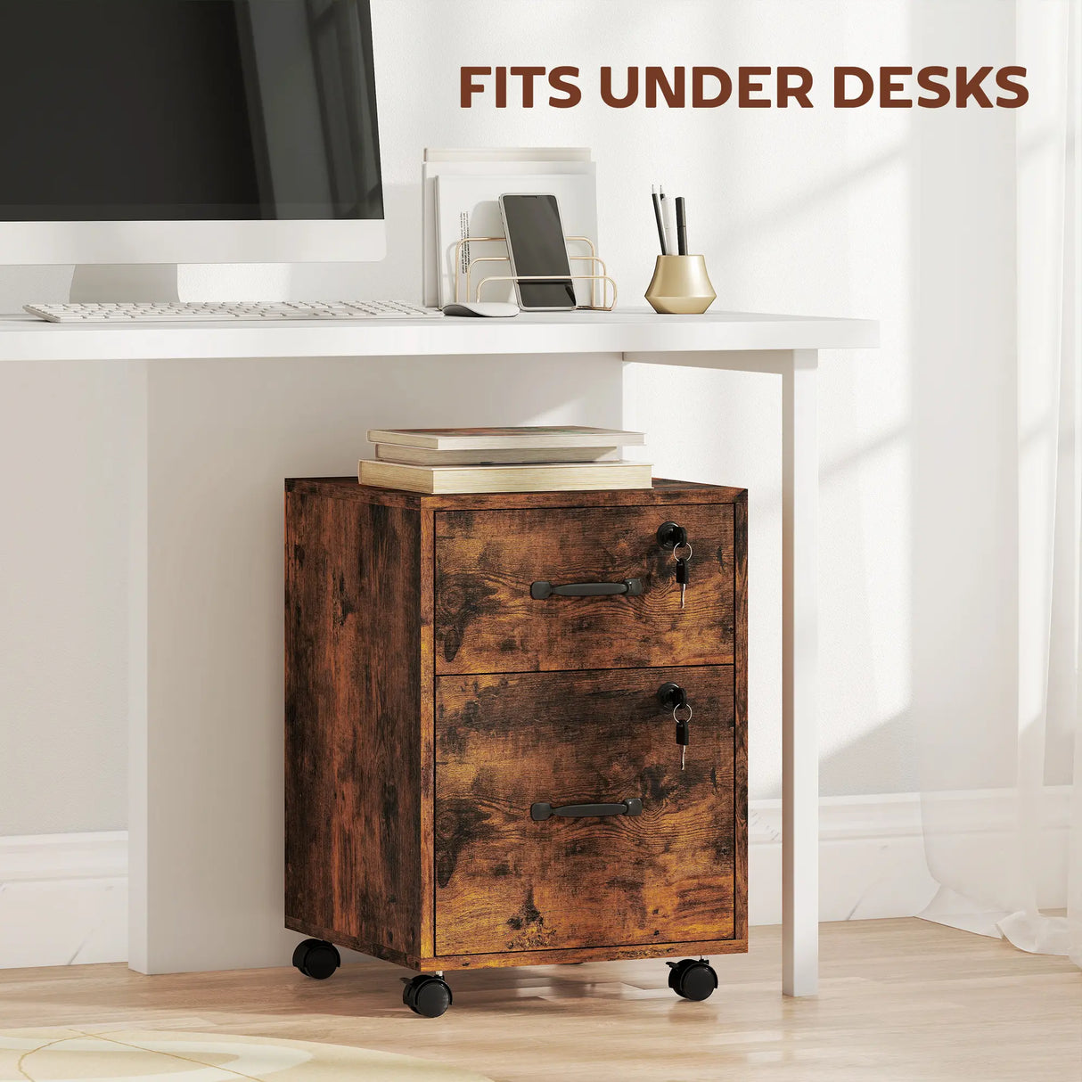 HOMCOM Rolling File Cabinet with 2 Drawers, Mobile Filing Cabinet with Hanging File Folder for Letter Sized Documents, Rustic Brown