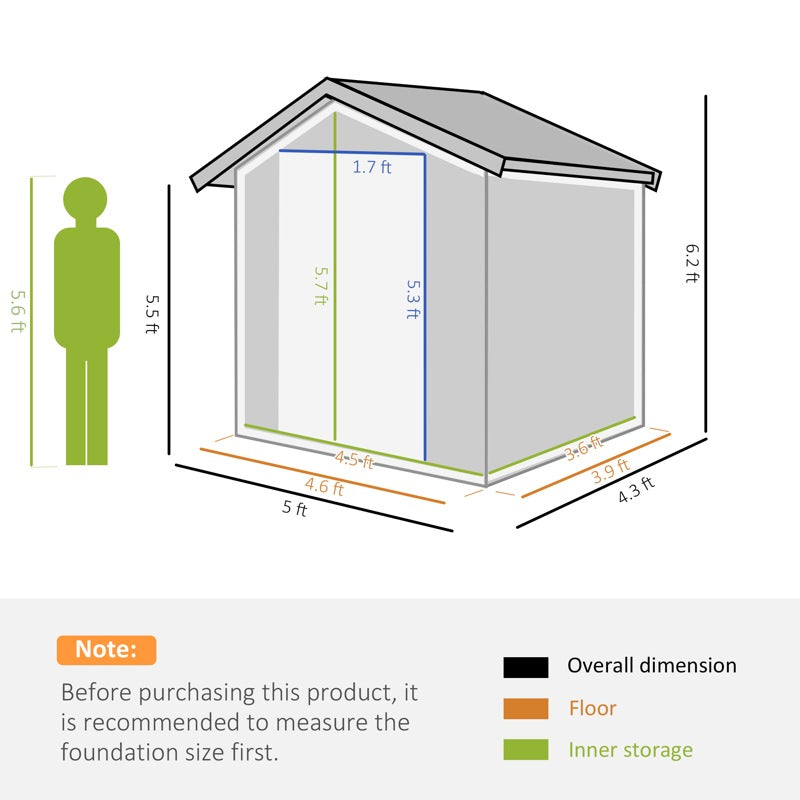 Outsunny Garden Metal Tool Storage Shed with Sliding Door, Sloped Roof and Foundation Kit, 152 x 132 x 188cm, Grey