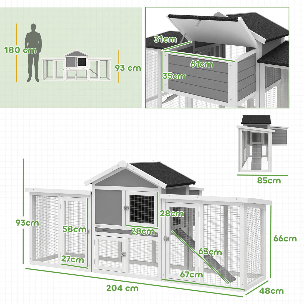 PawHut Large Chicken Coop, Wooden Outdoor Chicken Cage Poultry Hen House with Nesting Box