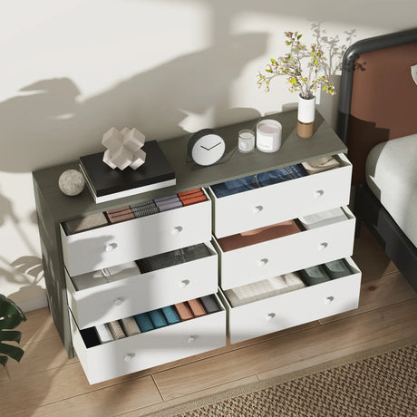 HOMCOM Chest of Drawers, Dresser with 6 Fabric Drawers - White and Grey