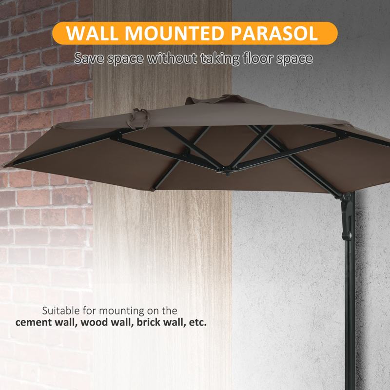 Outsunny 2.5m Wall Mounted Parasol, Hand to Push Outdoor Patio Umbrella with 180 Degree Rotatable Canopy for Porch, Deck, Garden, 250 cm, Khaki