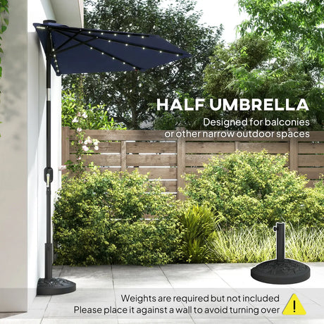 Outsunny 2.6 m Half Garden Parasol with Solar LED Lights, UPF50+ Semi Round Umbrella with 30 Tilt, Crank Handle, Dark Blue