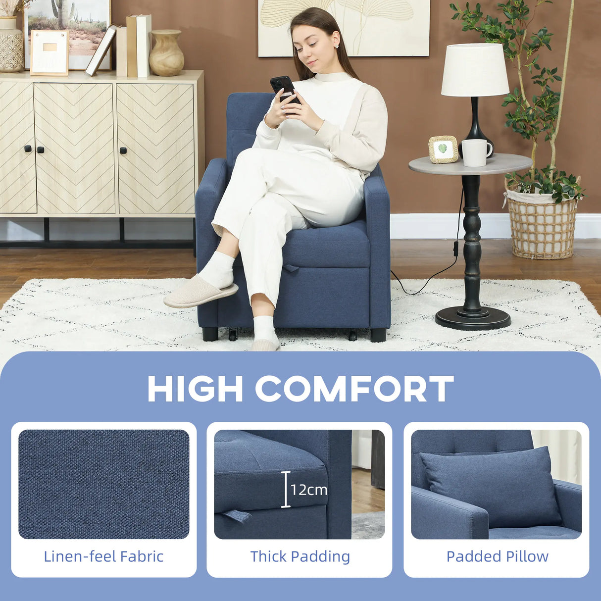 HOMCOM 3-In-1 Chair Bed, Convertible Sleeper Chair with Adjustable Backrest, Pillow and Footrest for Living Room, Blue