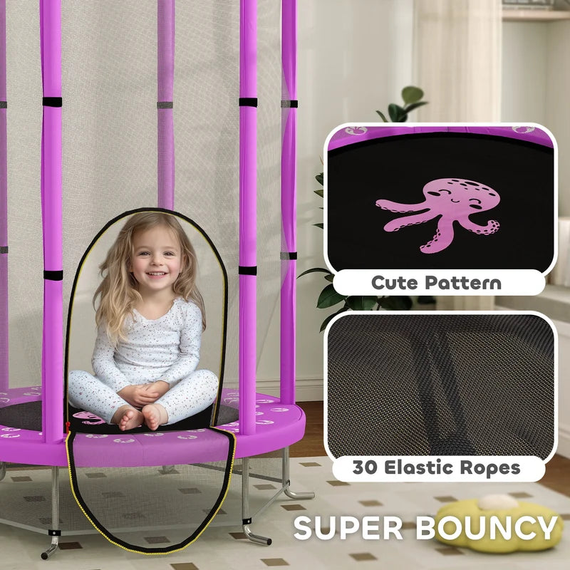 AIYAPLAY 4.6FT Toddler Trampoline w/ Safety Enclosure Net, for Indoor Outdoor Use, Ages 3-6 Years, Octopus Pattern - Purple