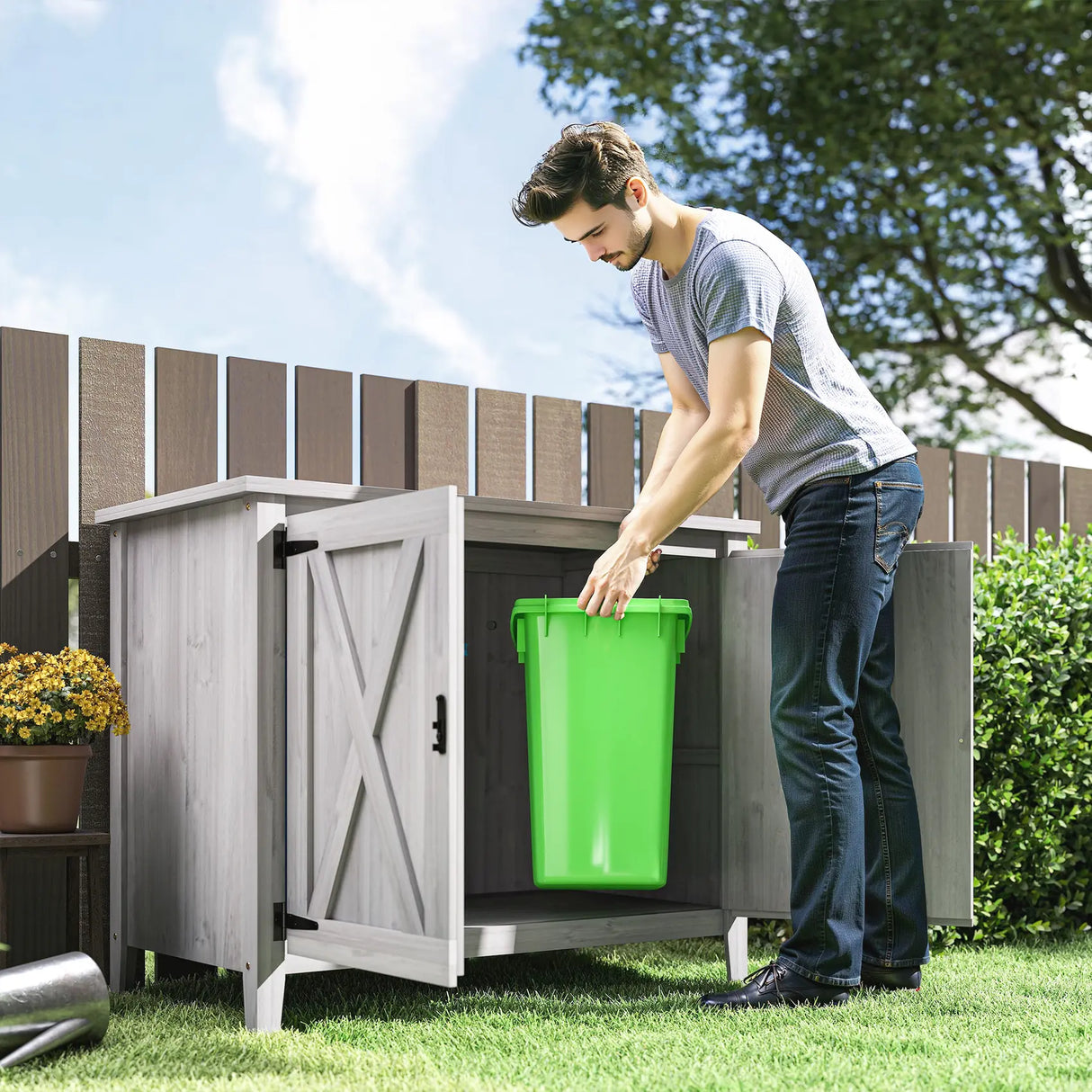 Outsunny Wooden Garden Shed, Outdoor Fir Wood Storage Shed with Shelf and Double Doors, Light Grey