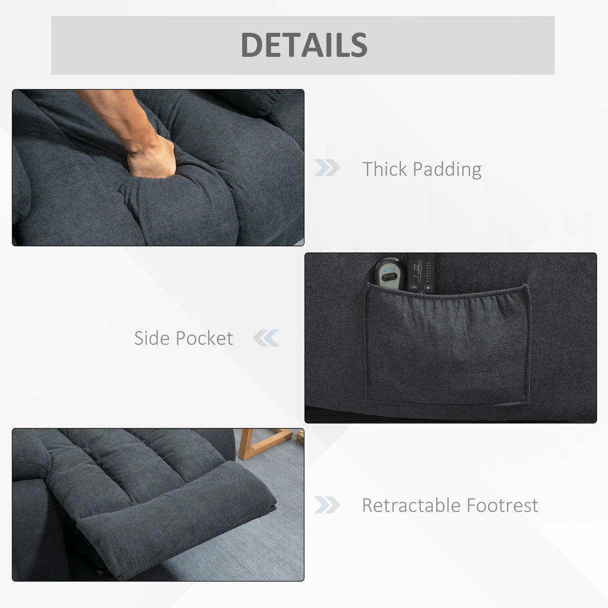 HOMCOM Overstuffed Riser and Recliner Chairs for the Elderly with 8 Vibration Massage, Fabric Upholstered Lift Chair for Living Room with Remote Control, Side Pocket, Footrest, Dark Grey