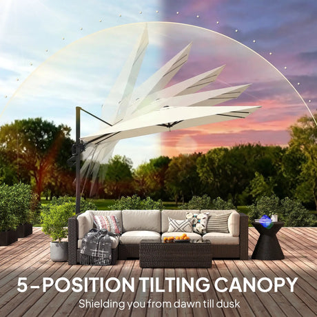 Outsunny 3 x 3 m Garden Cantilever Parasol w/ Light, Cover, UPF50+ Patio Umbrella w/ Wind Protection, 360 Rotation, Cream White