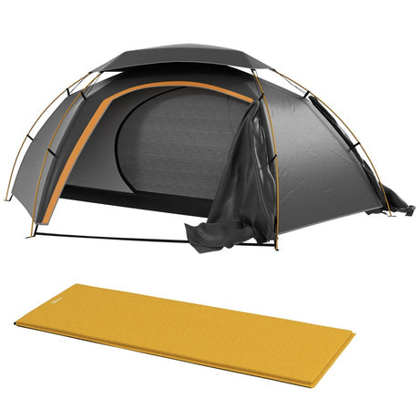 Outsunny Camping Tent with Self Inflatable Mattress, 1 Person Dome Tent with Removable Rainfly and Aluminium Frame, 2000mm Waterproof, Portable with Bags, for Fishing Hiking, Dark Grey/Khaki