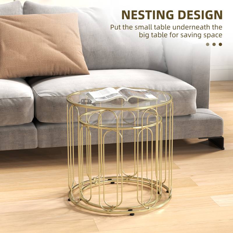 HOMCOM Round Coffee Table Set of 2, Glass Nest of Tables with Metal Frame and Tempered Glass Tabletop, Modern Side Tables for Living Room, Gold Tone