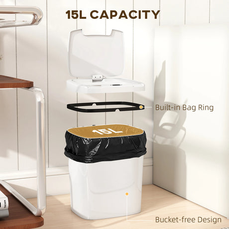 HOMCOM 15L Sensor Bin, Automatic Touchless Kitchen Bin, Easy Clean, Battery Operated for Home Office, Bedroom, Bathroom, White