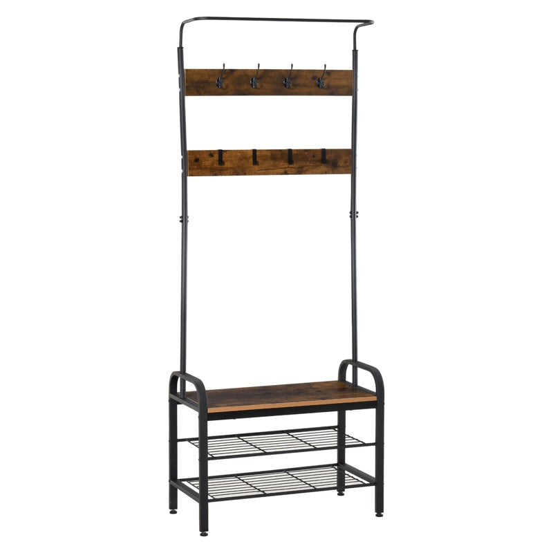 HOMCOM Coat Rack Stand Industrial hallway Shoe Rack Removable Hooks Metal Wood Hangers Storage Cabinet Rustic Brown 72L×34W×185H(cm)