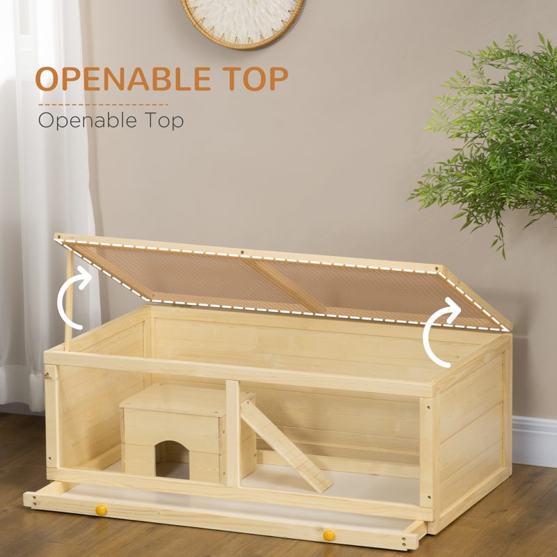 PawHut Wooden Hamster Cage with Sliding Tray, Openable Top, Hut for Syrian Hamsters, Natural Wood