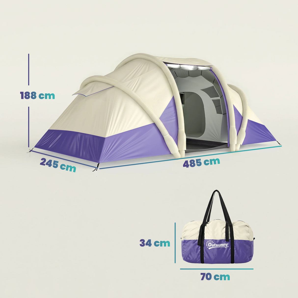 Outsunny Inflatable Tent 2 Bedroom 3000mm Waterproof Windproof Air Tent with Carry Bag for 4 Person