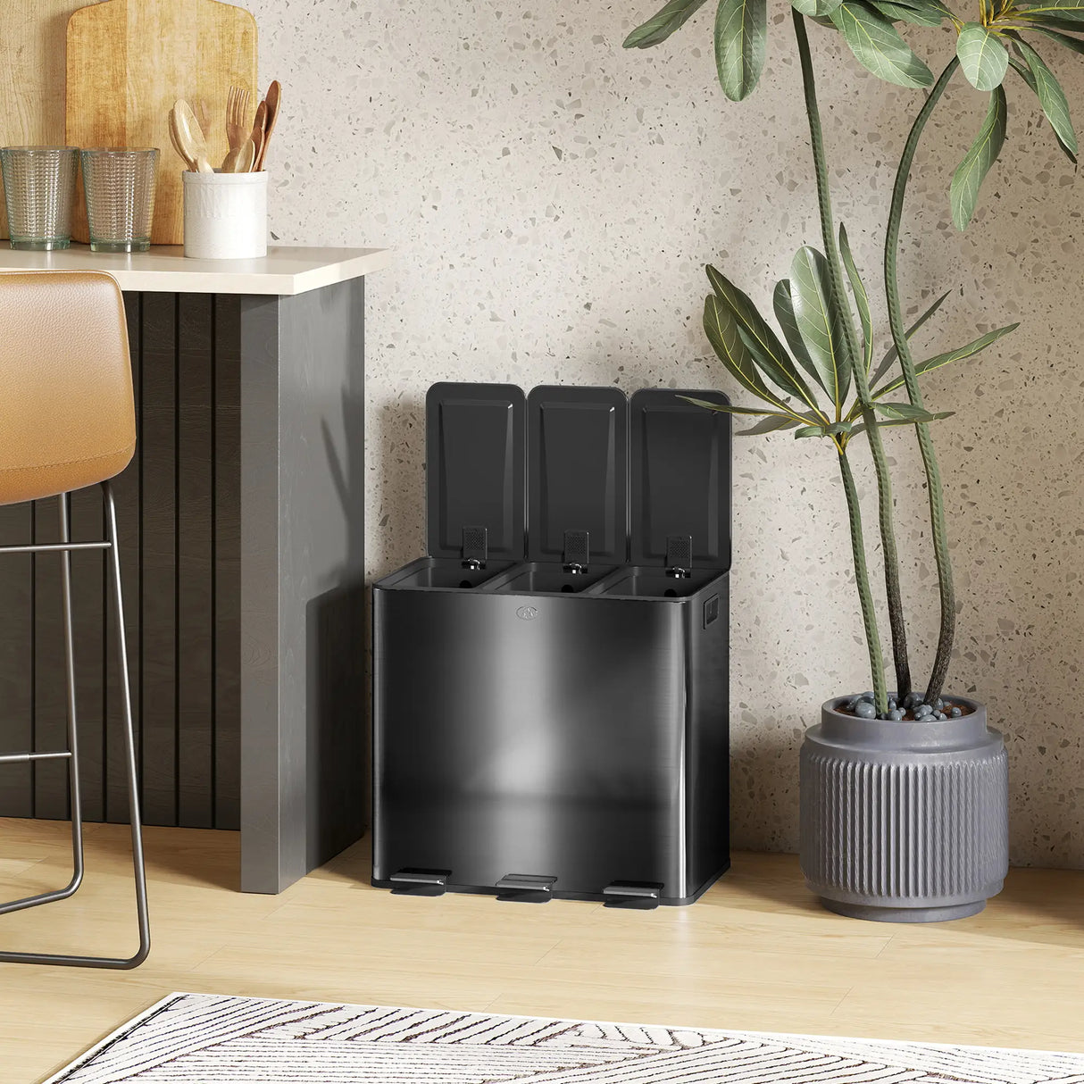 HOMCOM 3 x 15L Pedal Bin, Steel Triple Kitchen Bin with Soft Close Lid, Removable Inner Buckets, Fingerprint-Proof, Black