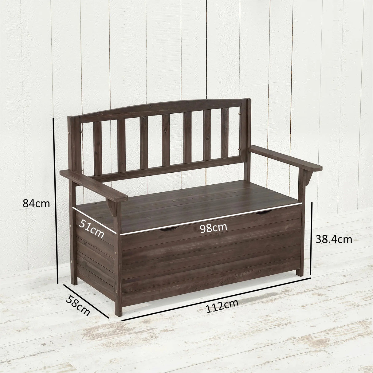 Outsunny Outdoor 2 Seater Garden Bench, Wooden Bench with Storage, Backrest, Arm Rests, 112 x 84 x 58 cm, Brown