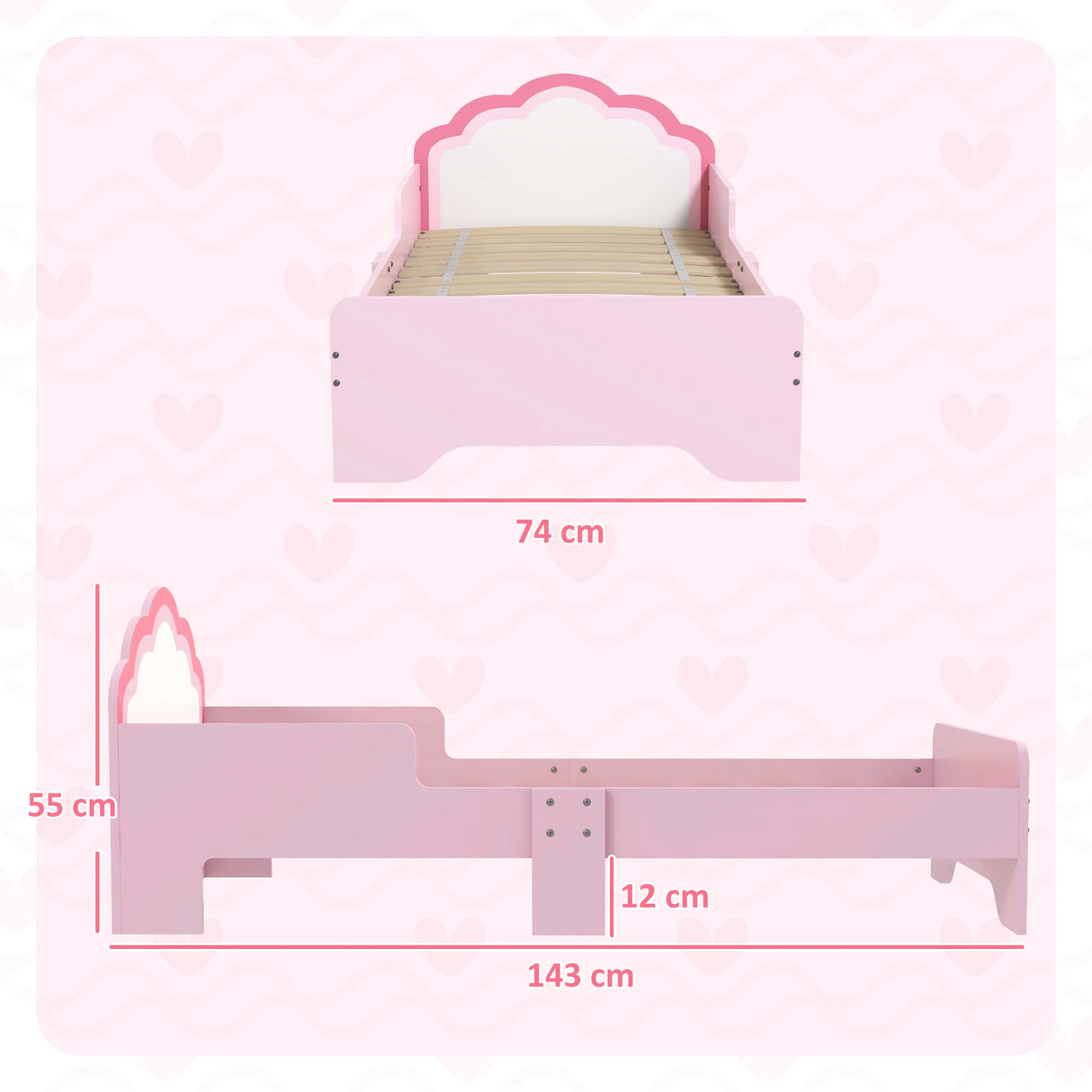 ZONEKIZ Toddler Bed Frame, Princess Bed for Kids, Cloud-Design, 143 x 74 x 55cm - Pink