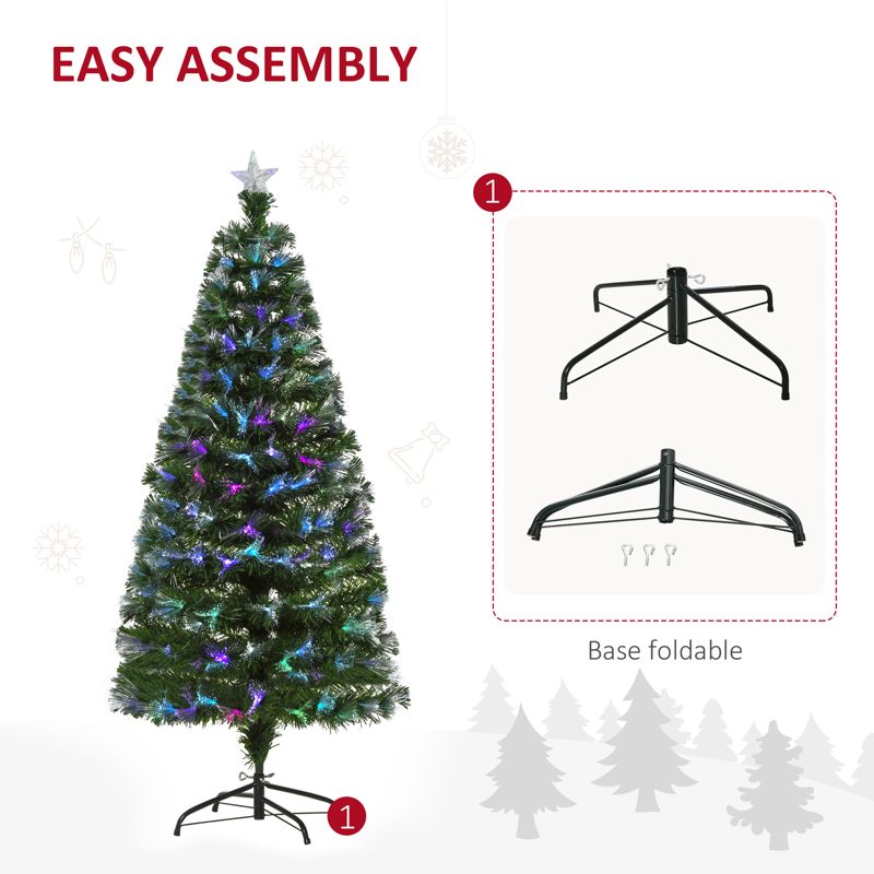 HOMCOM 5FT Multicoloured Artificial Christmas Tree w/ Fibre Optic Lights Pre-Lit Modes Metal Stand Star Holder Home Seasonal Decoration