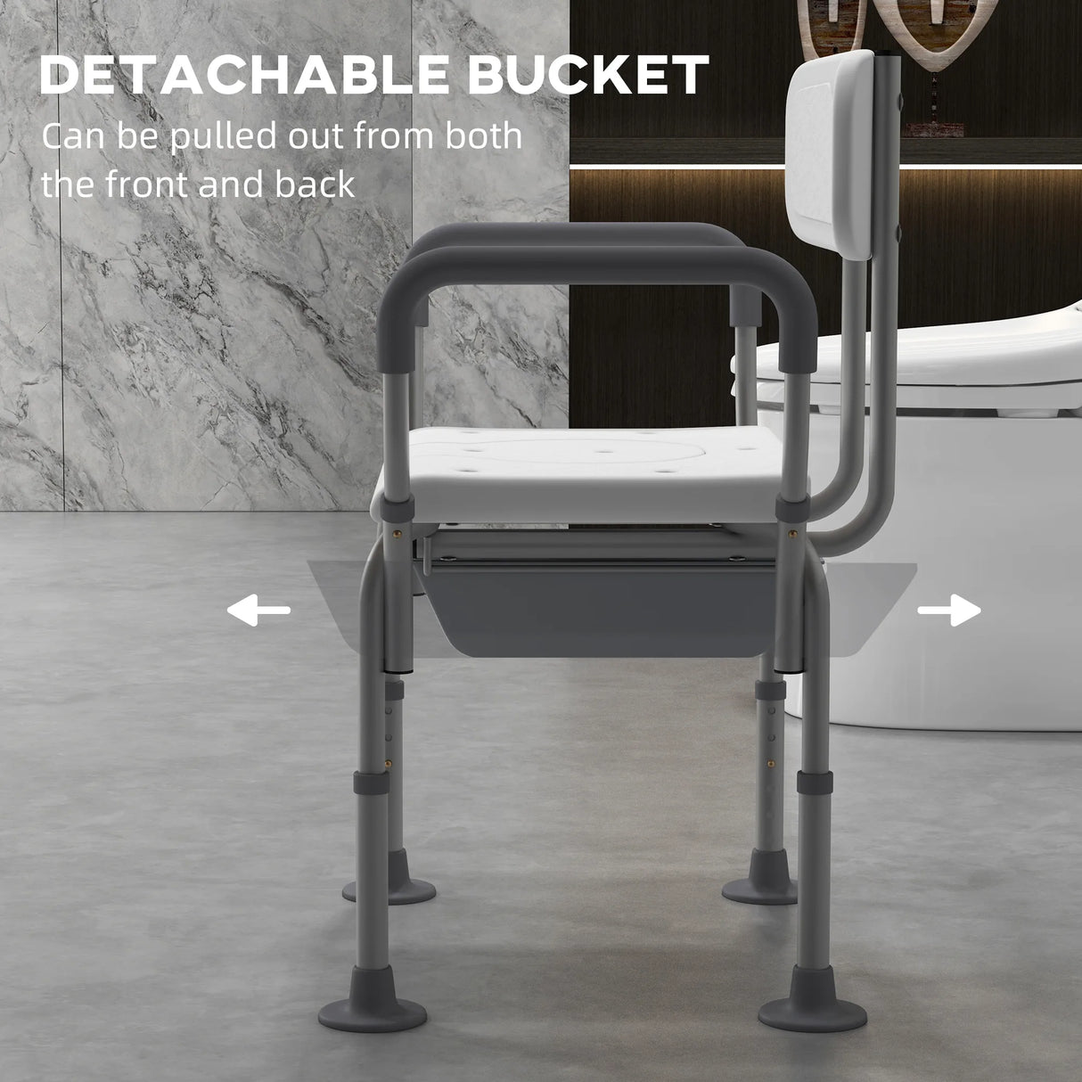 HOMCOM Height Adjustable Shower Stool with Arms and Back, Non-Slip Bedside Commode with Detachable Bucket for Elderly, White