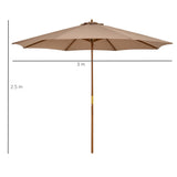 Outsunny 3(m) Garden Umbrella Wooden Parasol 8 Ribs Bamboo Sun Shade Patio Outdoor Umbrella Canopy Khaki