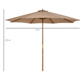 Outsunny 3(m) Garden Umbrella Wooden Parasol 8 Ribs Bamboo Sun Shade Patio Outdoor Umbrella Canopy Khaki
