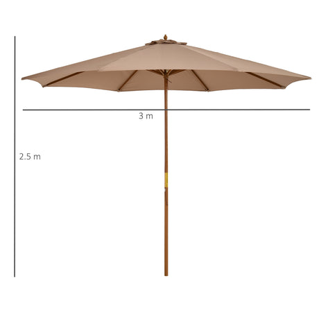 Outsunny 3(m) Garden Umbrella Wooden Parasol 8 Ribs Bamboo Sun Shade Patio Outdoor Umbrella Canopy Khaki