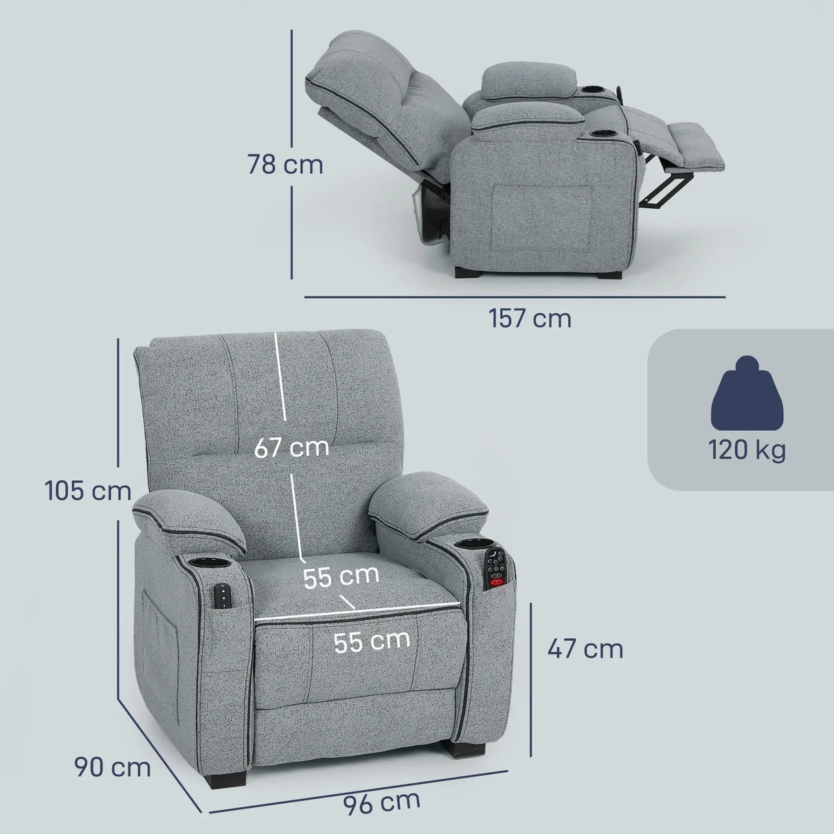 HOMCOM Electric Massage Recliner Armchair with Vibration, Heat, Whisper-Quiet Motor, Memory Function, Velvet Power Reclining Chair with Spring Pack, USB Port, Footrest, Side Pocket, Cup Holders, Grey