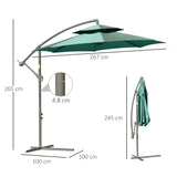 Outsunny 2.7m Banana Parasol Cantilever Umbrella with Crank Handle, Double Tier Canopy and Cross Base for Outdoor, Hanging Sun Shade, Green