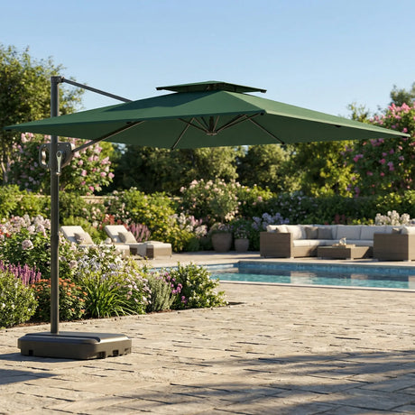 Outsunny Cantilever Parasol with Weighted Base Double Top Garden Parasol Square Hanging Patio Umbrella with Crank Tilt Dark Green
