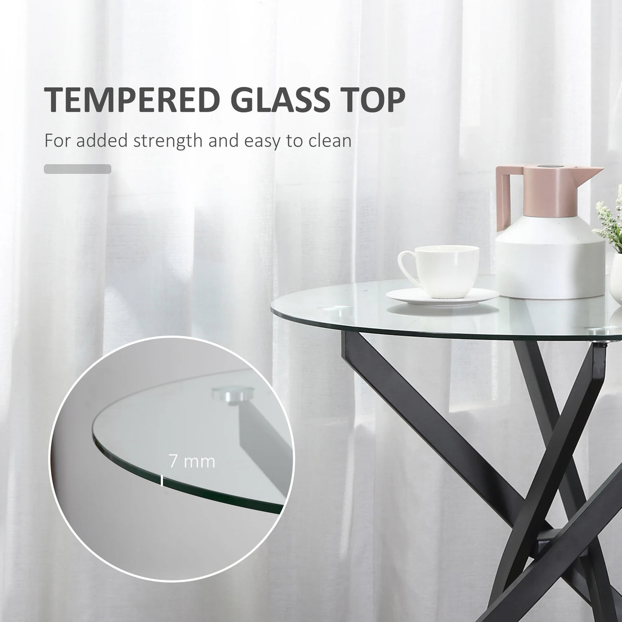 HOMCOM Dining Table with Clear Tempered Glass Top, Round Table with Metal Legs, Modern Kitchen Table for Dining Room Living Room, Black