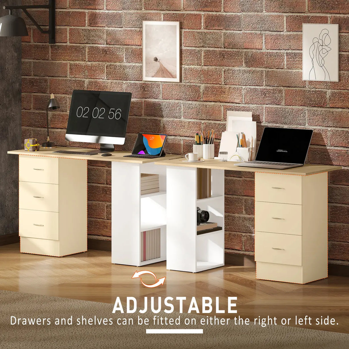 HOMCOM Computer Desk, Writing Table, PC Workstation with 3 Storage Shelves and Drawers, Silver Handle, for Home Office, Natural Wood Finish and White