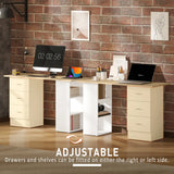 HOMCOM Computer Desk, Writing Table, PC Workstation with 3 Storage Shelves and Drawers, Silver Handle, for Home Office, Natural Wood Finish and White