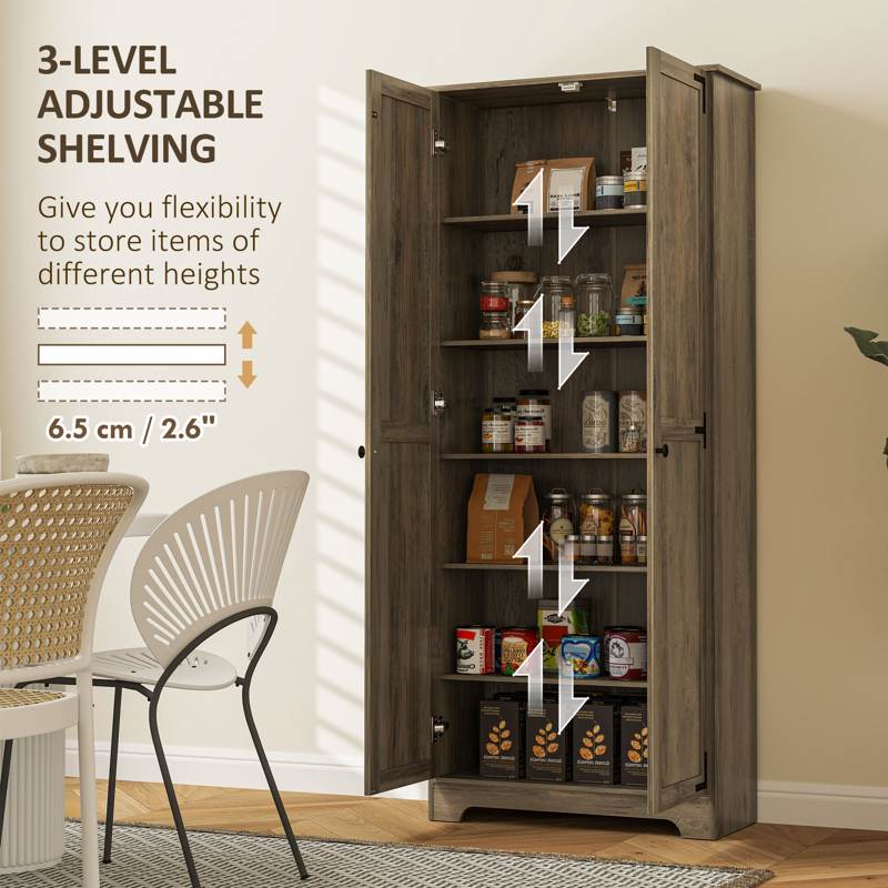 HOMCOM Farmhouse Kitchen Cupboard, Freestanding Kitchen Storage Cabinet with Adjustable Shelves, Tall Storage Cabinet with Recessed Doors, Grey Wood-Effect