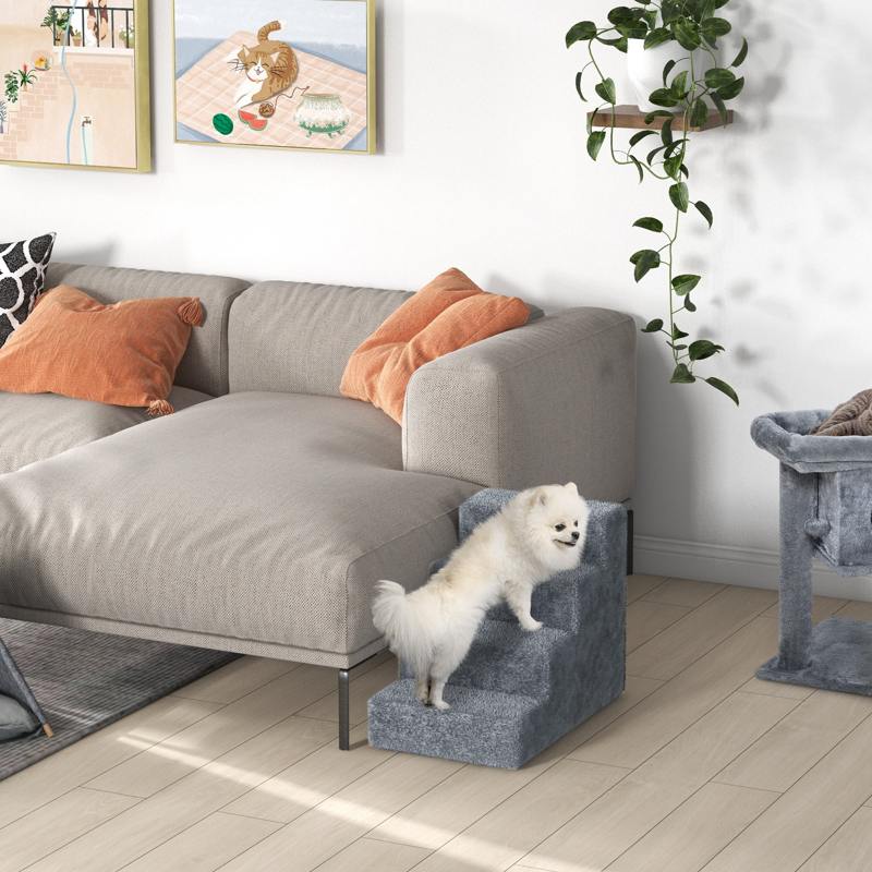 PawHut Four-Step Dog Stairs, with Washable Plush Cover, for High Bed Sofa, Dog Stairs for Small Dog and Cat - Light Grey