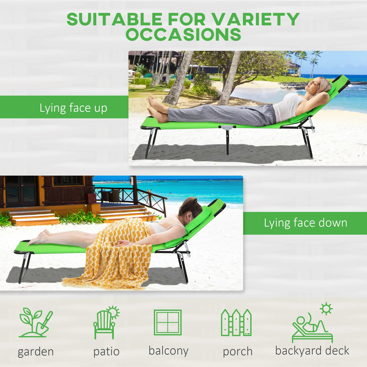 Outsunny Folding Sun Loungers Set of 2 with Face Hole, 4-Position Adjustable Backrest Garden Recliner Chairs Sunbeds, Outdoor Lounge Chairs with 600 D Oxford Cloth Seat, Pillow for Beach, Green