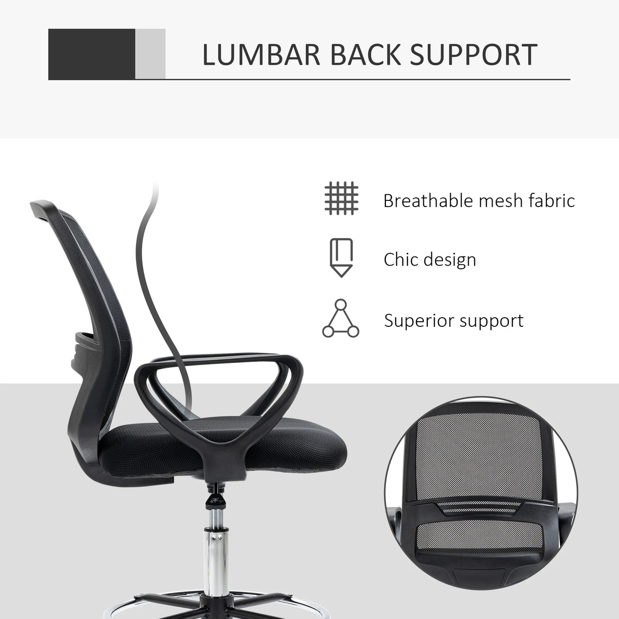 Vinsetto Ergonomic Mesh Back Drafting Chair, Tall Office Chair, Draughtsman Chair with Adjustable Height and Footrest 360 Swivel, Set of 5