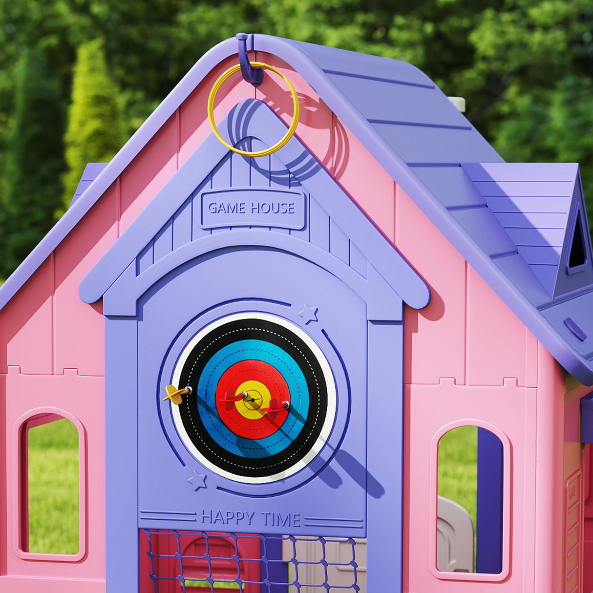AIYAPLAY 5-in-1 Playhouse for Kids Outdoor Indoor with Basketball Hoop, Football Goal, Dartboard, Ring Toss for 2-5 Years, Pink