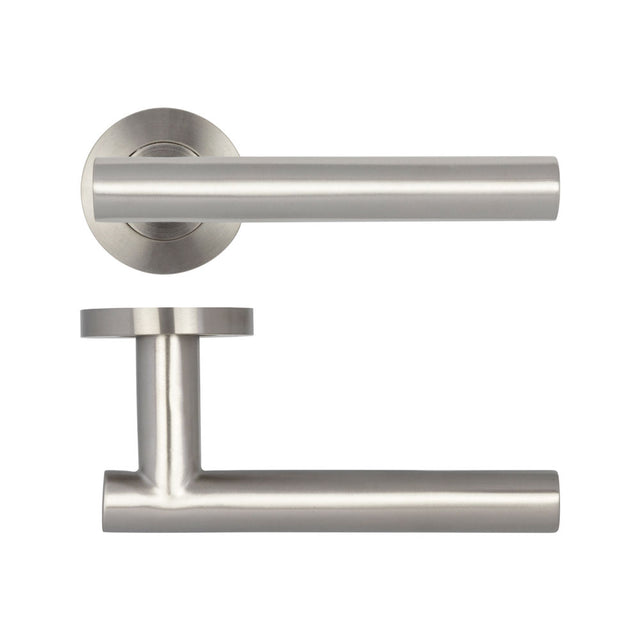 Atlanta Door Handles on Rose Grade 201 Satin Stainless Steel