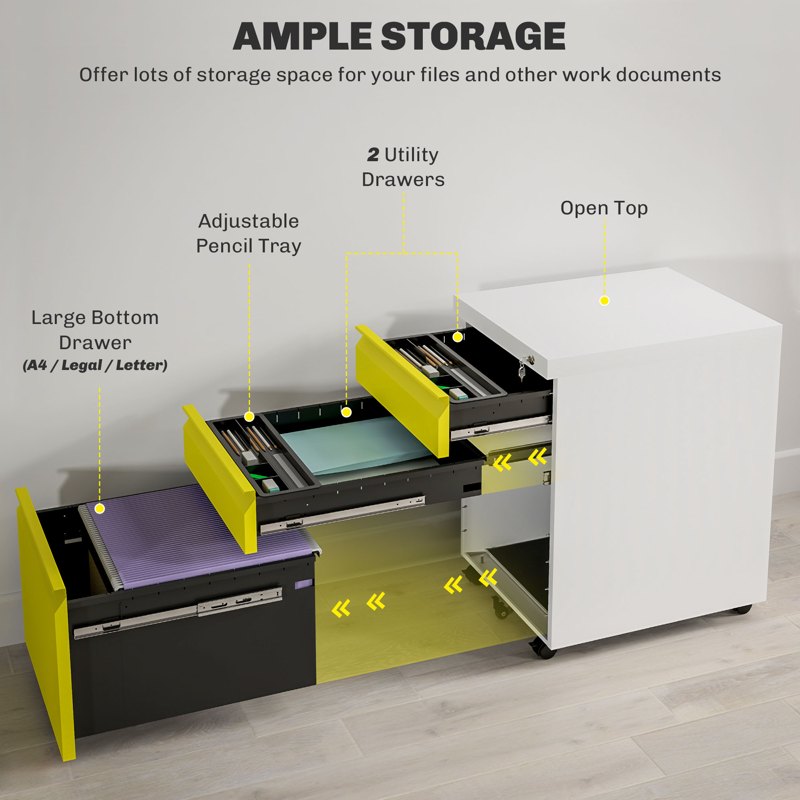 Vinsetto 3 Drawer Filling Cabinet, Mobile Metal File Cabinet with Anti-tilt Design for Letter, A4, Legal Size, Yellow